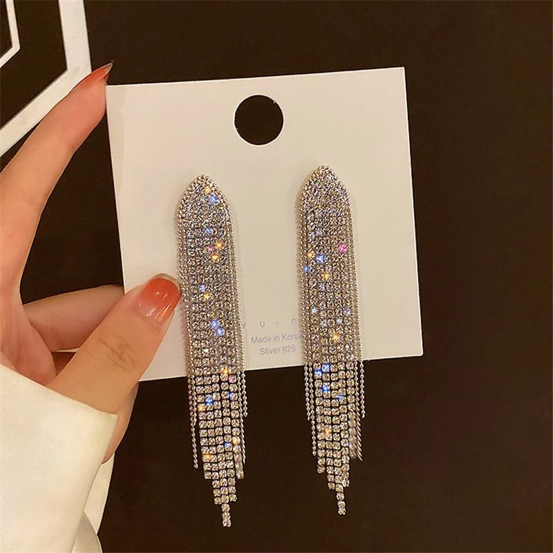 铜合金耳饰 个性长款气质夸张高级感满钻流苏时尚耳环闪钻设计感