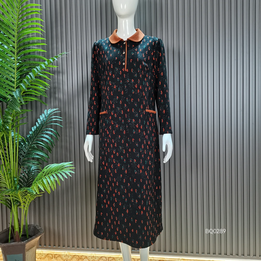 BQ0289绫岩品牌精品貂绒碎花宽松弹力衬衫领长袖口袋秋冬连衣裙