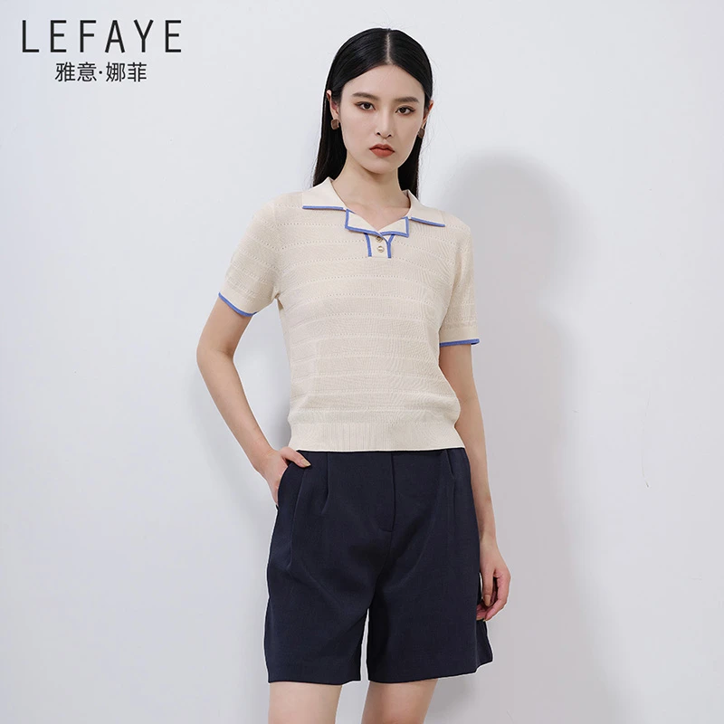 雅意娜菲2024春夏时尚休闲百搭夏季复古简约圆领撞色polo短袖