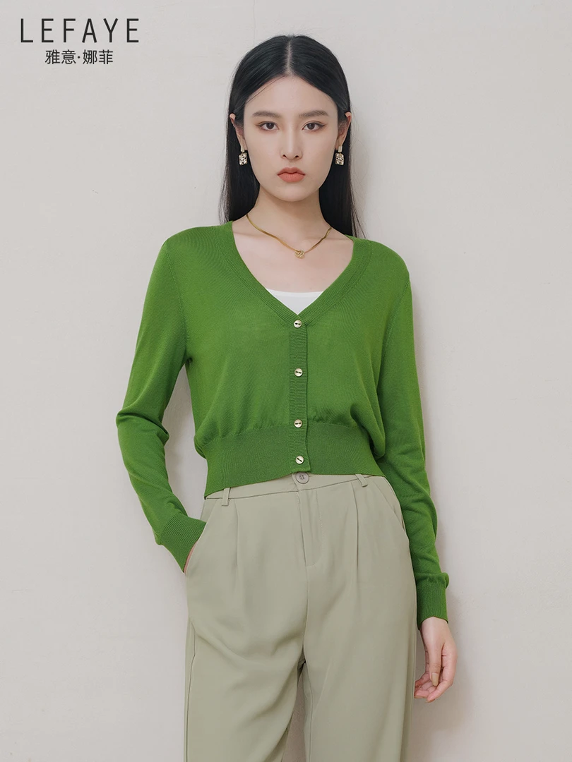 雅意娜菲长袖针织衫毛衣女装上衣气质短款时尚百开衫