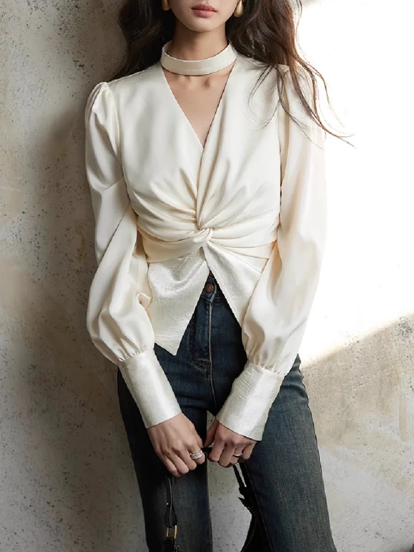 雅玲实体 高定贵感哑光华尔缎丨V领挂脖收腰拼接设计感长袖衬衫女