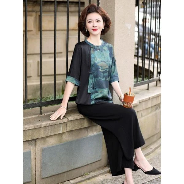 妈妈气质复古短袖T恤中年女装夏装大码上衣服中老年洋气两件套装