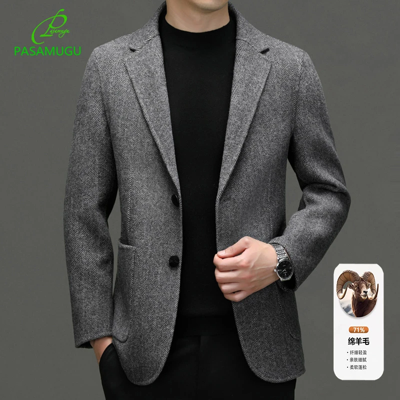 人字纹羊毛西装男士休闲绵羊毛单西商务韩版高档双面毛呢百搭上衣