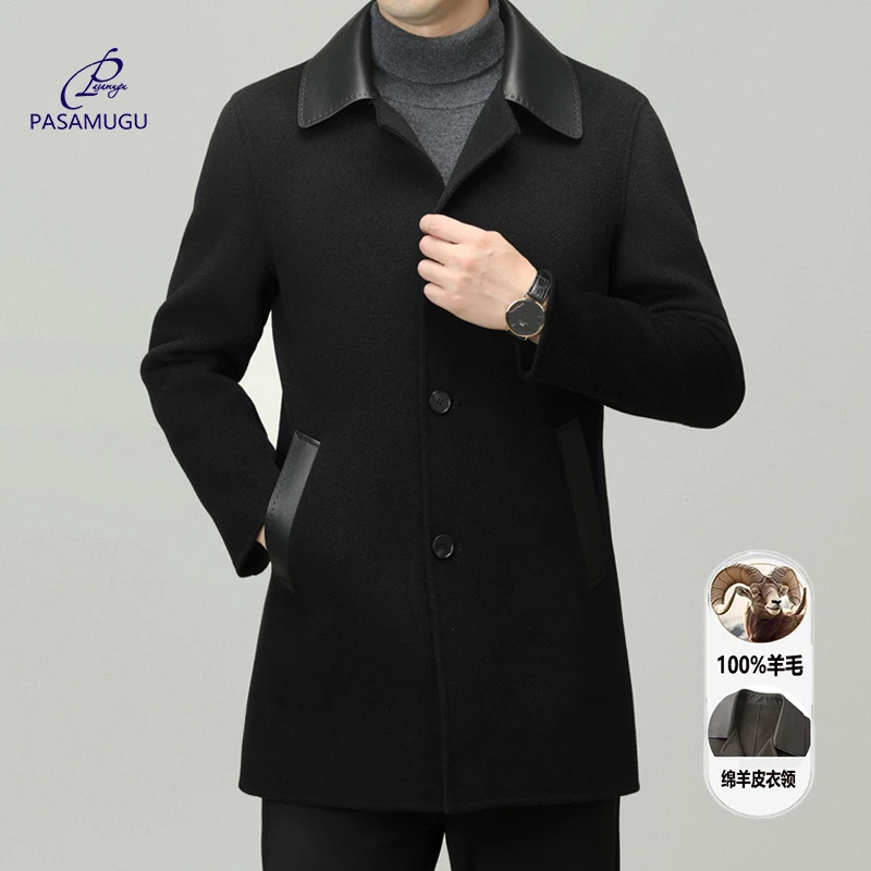 高级绵羊皮领羊毛大衣男秋冬新款中长款轻奢商务休闲双面毛呢外套