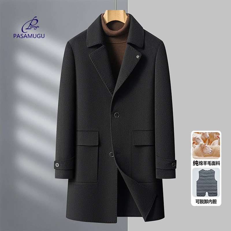 秋冬季新款纯绵羊毛男士商务休闲中长款大衣可脱卸内胆羊毛潮外套