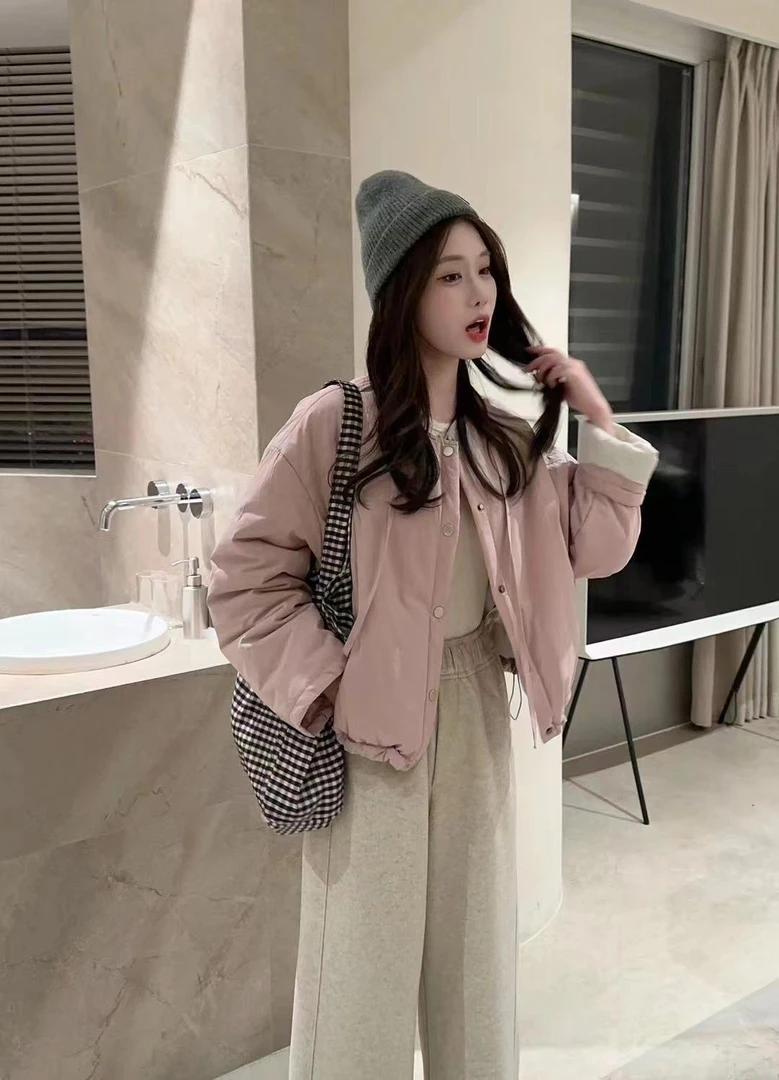 拉绳圆领加棉撞色宽松棉衣外套女欧洲站2024秋冬宽松百搭韩系棉服