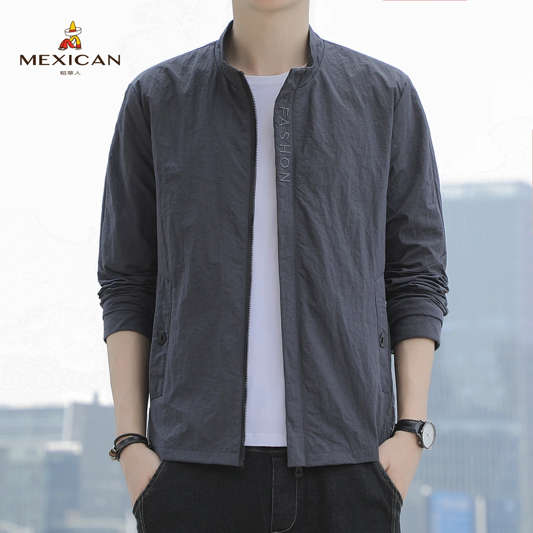 Mexican/稻草人休闲男夹克外套秋冬款修身立领上衣加绒百搭外套男
