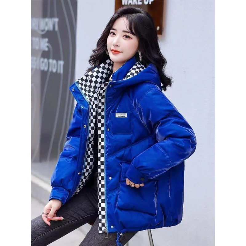 新款2024新款亮面免洗羽绒服女短款韩版宽松格子棉衣冬季加厚保