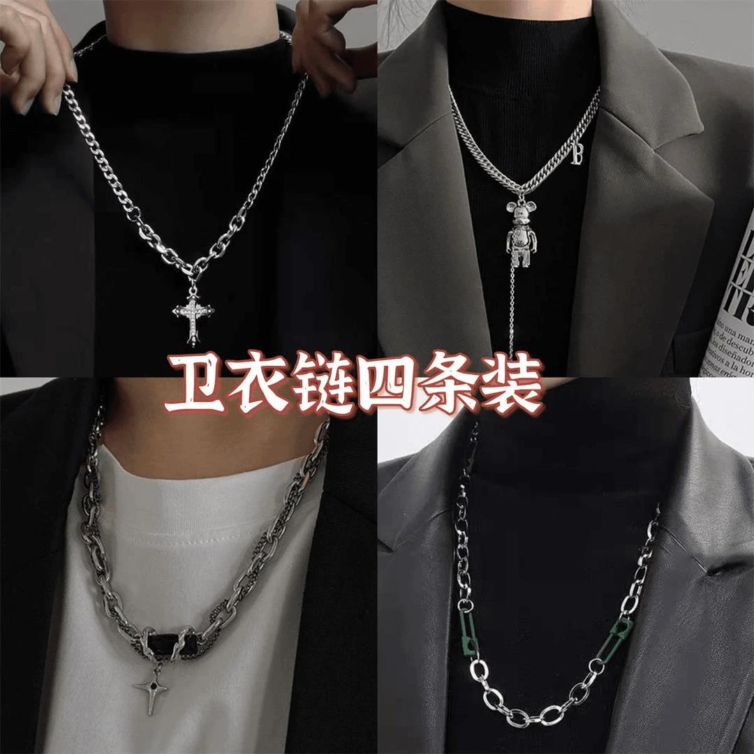 合金项链 甜酷暴力熊项链女ins小众高级设计感十字架卫衣链男配饰
