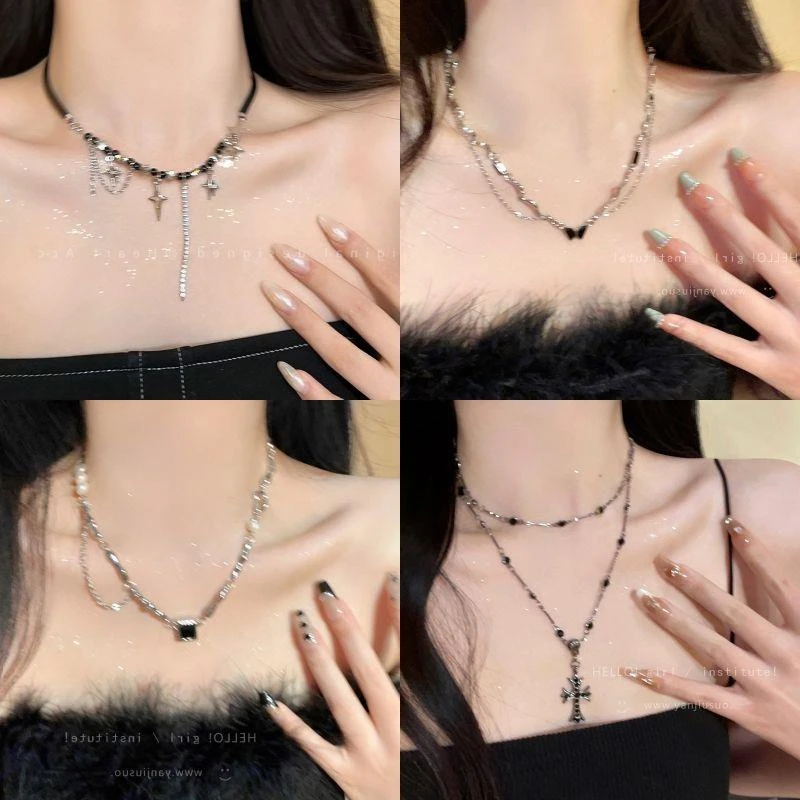 合金项链 暗黑辣妹风~锆石十字架双层项链女长款小众轻奢锁骨链