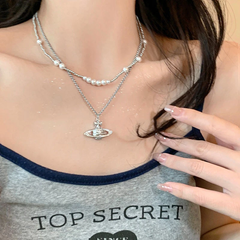 合金项链 西太后土星百搭叠戴项链双层高级感轻奢小众气质锁骨链