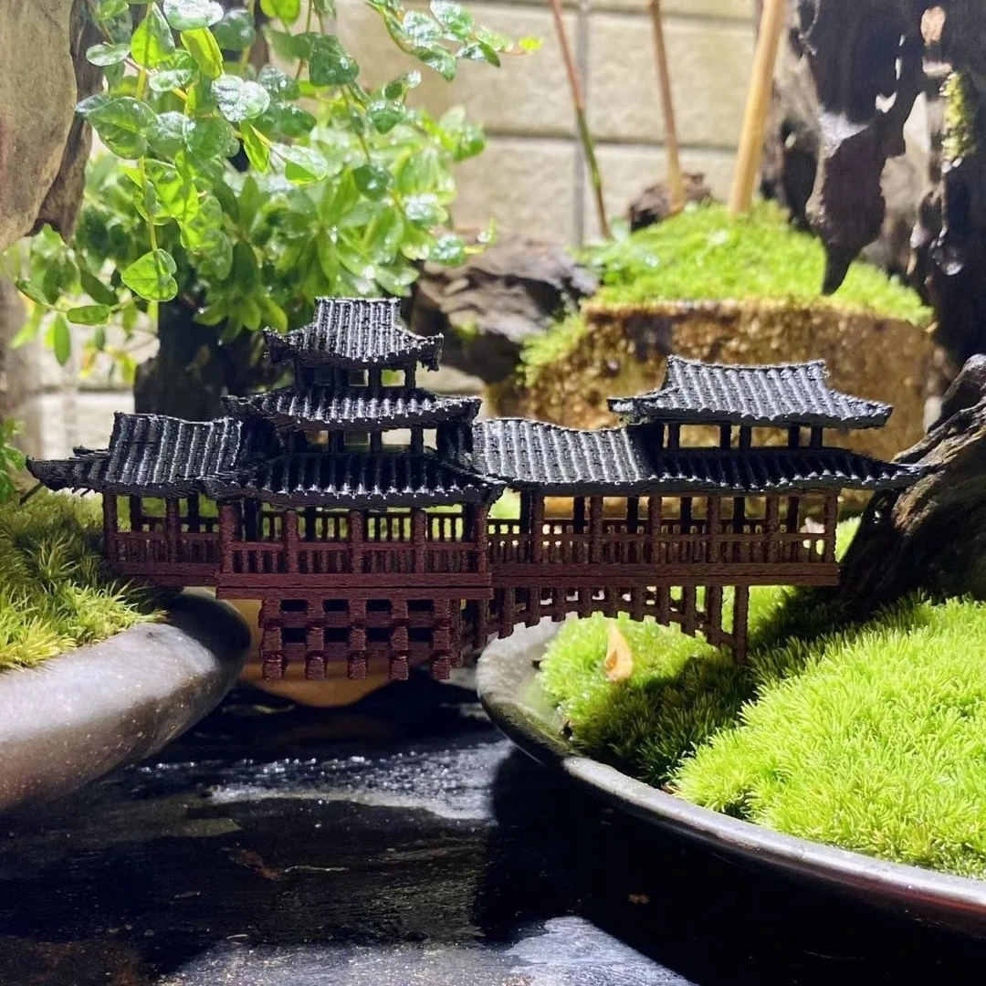 中式廊桥古建筑模型摆件假山鱼缸盆景微景桥梁造景摆件