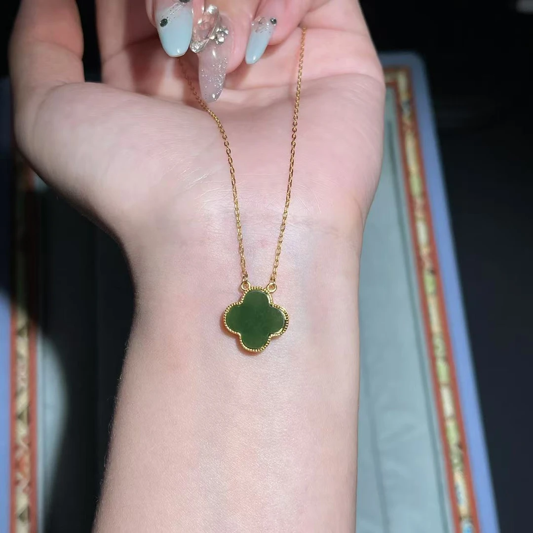 DZ10191  S925银镶和田玉碧玉四叶草锁骨链