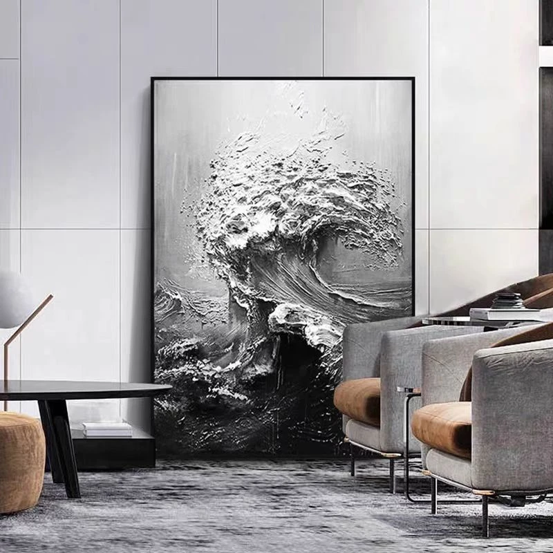 【黑白灰海浪】大海画日出抽象餐厅玄关挂画客厅装饰画手工现代艺术