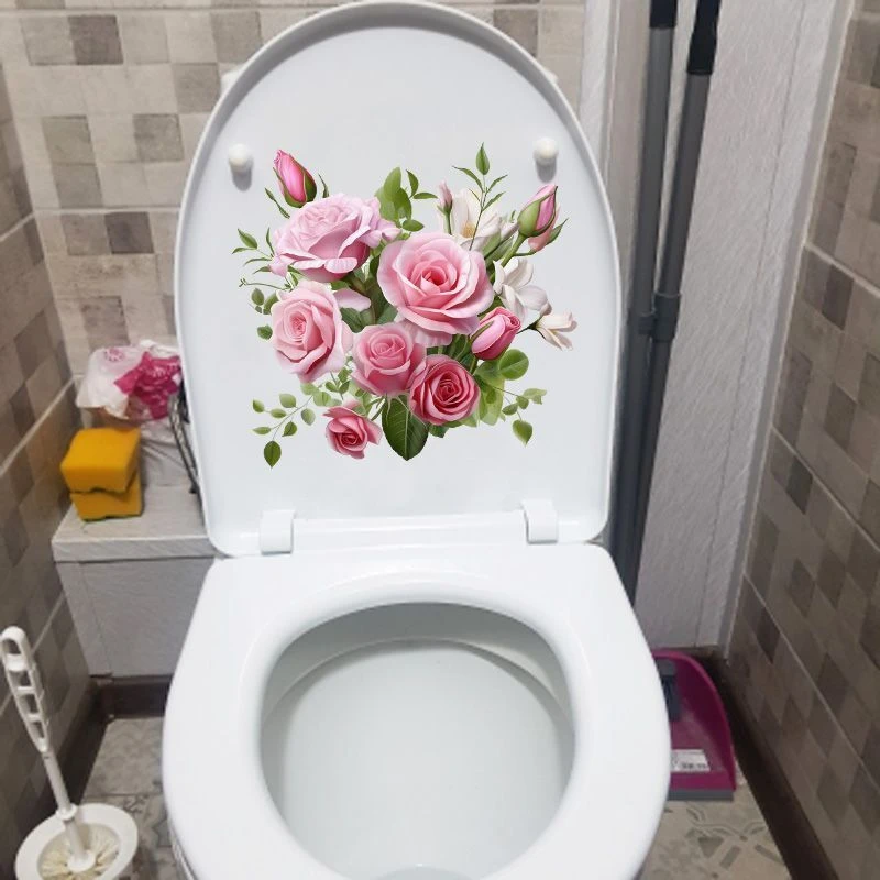 卧室装饰墙贴画卫生间浴室马桶贴画粉色玫瑰浪漫卫生间马桶盖贴纸