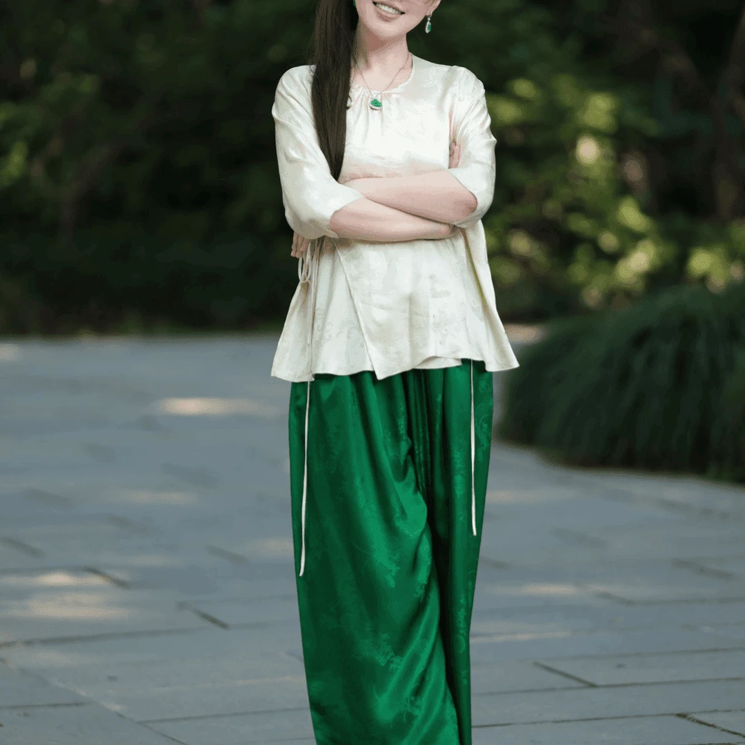 【绿景怡】景衣国风绿色桑蚕丝宽松百搭荷叶裤