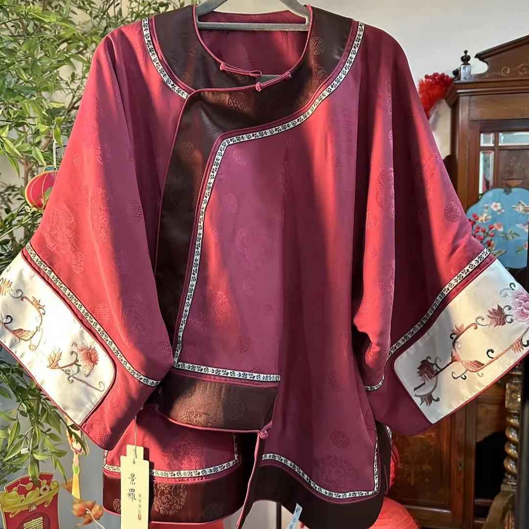 【采桑子】红色圆领斜襟宽松百搭中式长袖女款上衣新国风