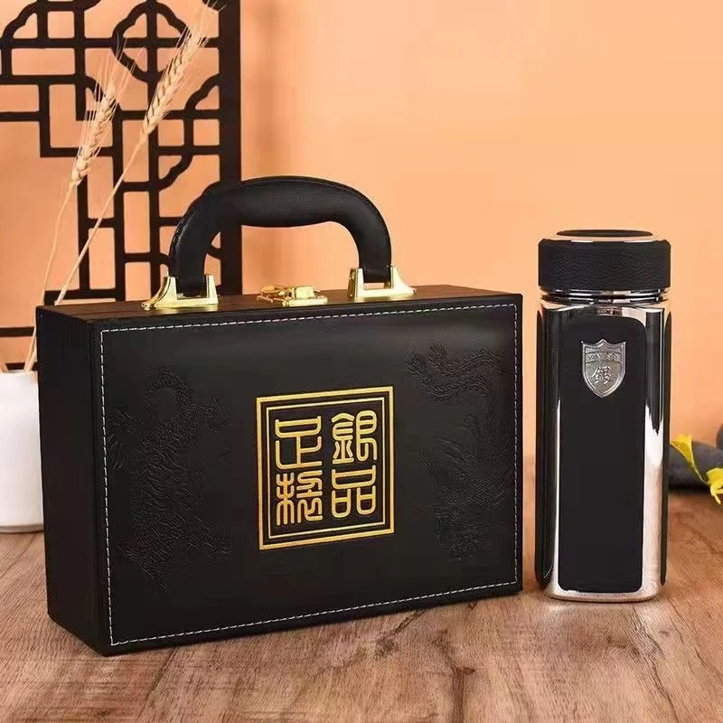 四方皮纹银杯S999足银茶杯镀银水杯保温保健杯新中式高档礼盒包装