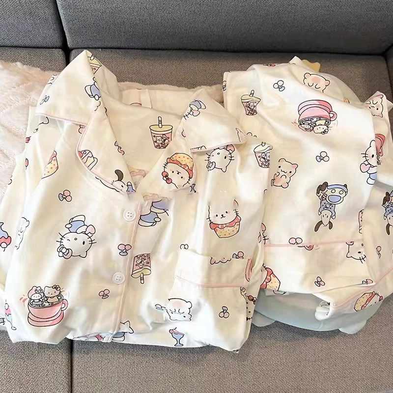 三件套装2024新款ins睡衣女卡通kt猫夏季可爱短袖长裤学生家居服