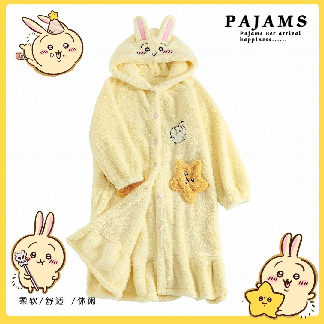 乌萨奇珊瑚绒睡袍女冬季卡通新款韩版吉伊卡哇甜美超厚家居服外穿