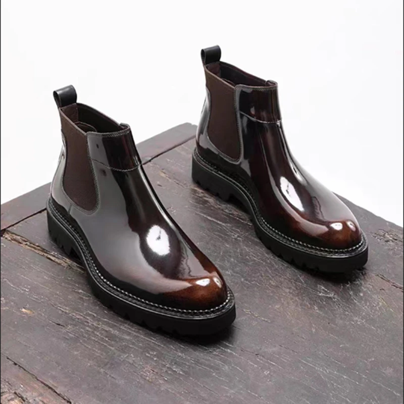 秋冬季商务厚底中帮马丁靴真皮加绒切尔西靴男英伦短靴皮靴男靴潮