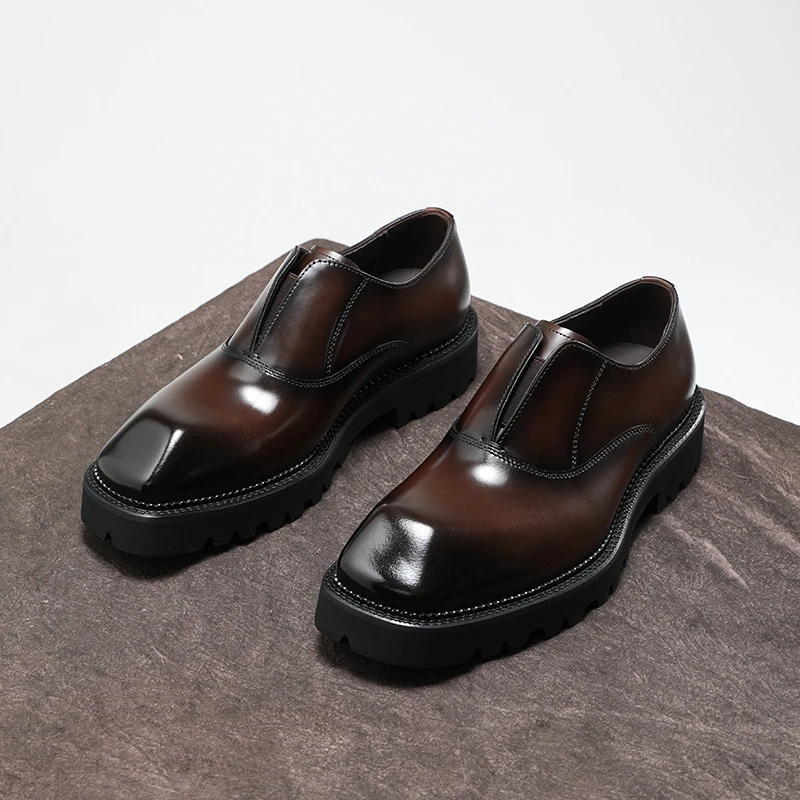 英伦钻石头设计师款男鞋小牛皮厚底增高手工男士商务休闲皮鞋亮面