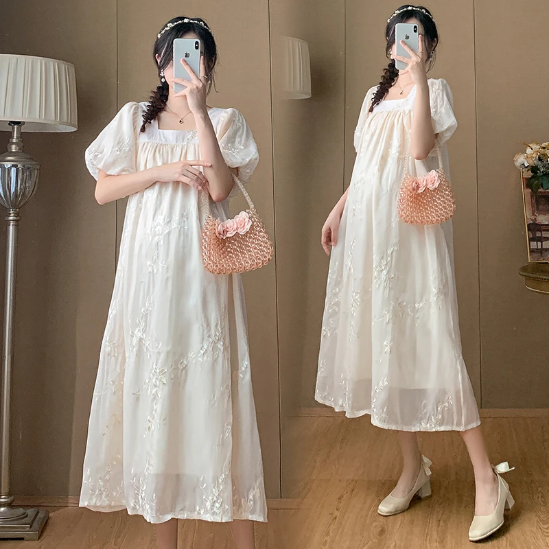 孕妇裙子夏装法式复古钩花刺绣过膝长裙宽松潮妈裙夏季孕妇连衣裙