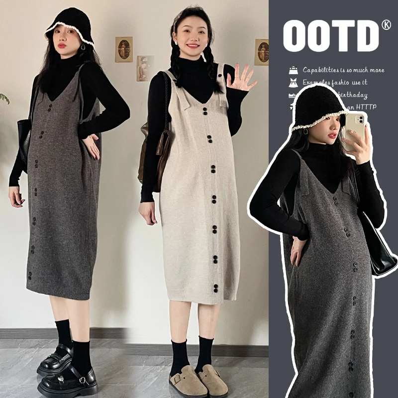 孕妈穿搭ヾ孕妇针织背带裙秋冬2024新款宽松洋气毛衣连衣裙春秋装