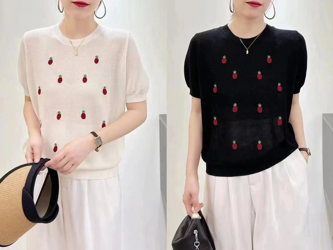 厂花视频推荐刺绣草莓圆领针织短袖