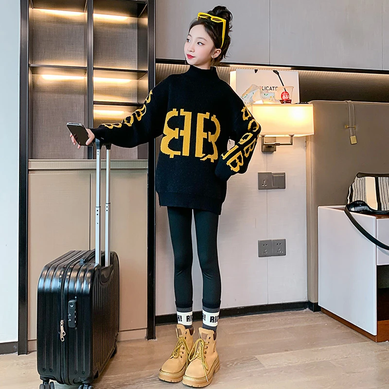 女童加绒加厚毛衣冬季新款女孩百搭高领打底衫中大童宽松洋气年服