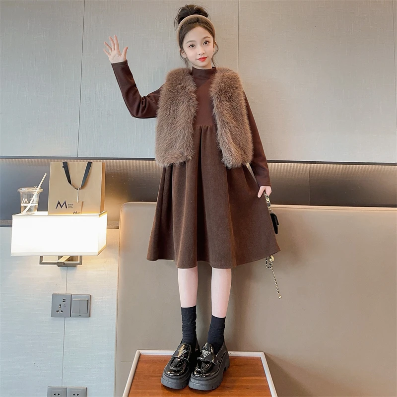 女童美拉德加厚连衣裙2024冬季新款中大童洋气套裙小孩长袖公主裙