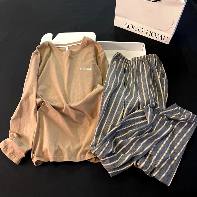 春秋冬季男士睡衣可外穿纯棉长袖高级感大码灰竖纹长裤套装家居服