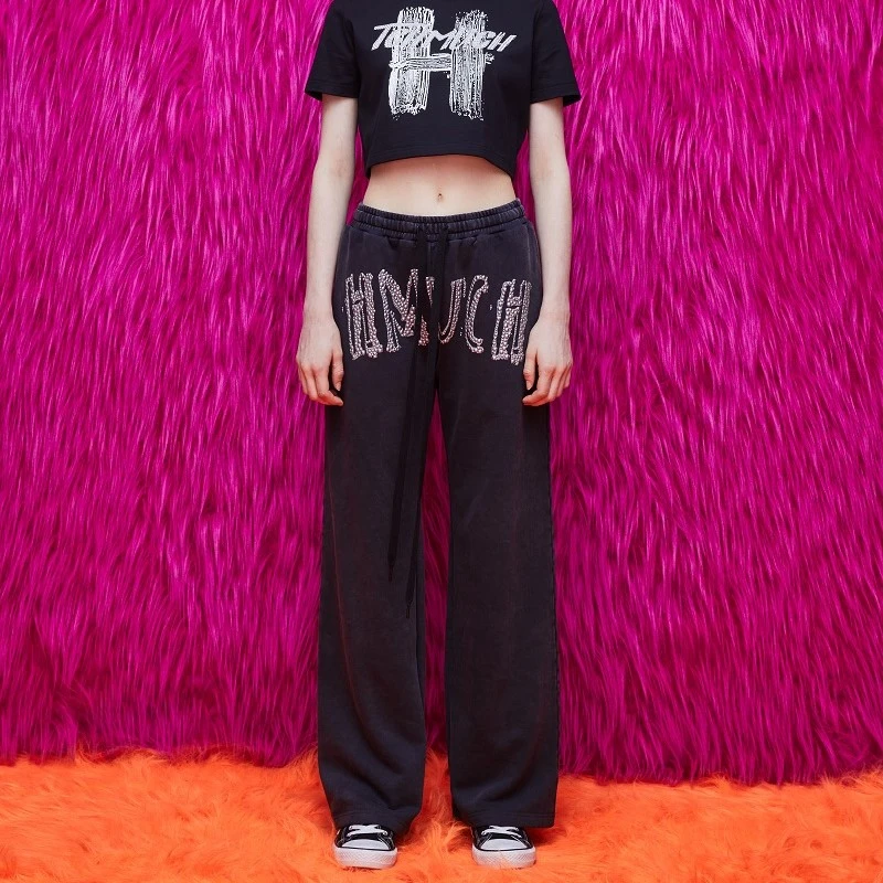 大融城-TCH潮牌美贝珍珠钻水洗灰色运动休闲高腰阔腿裤T69A208016