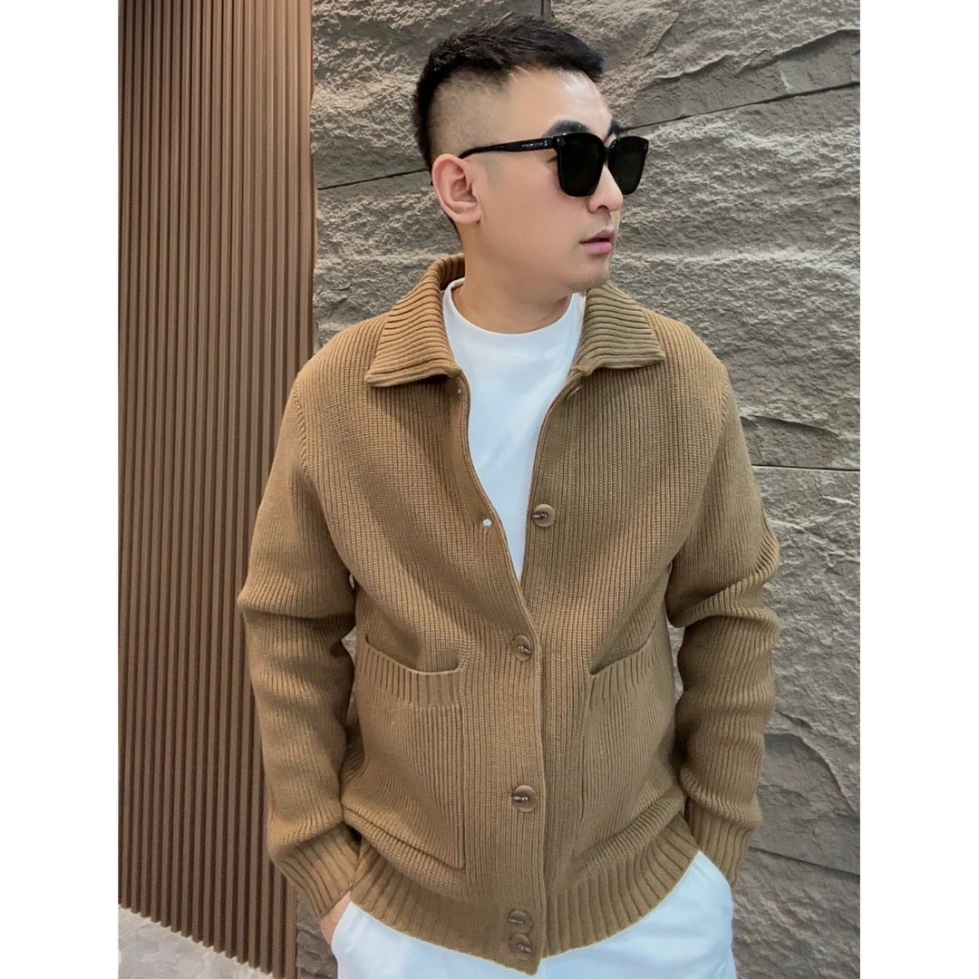 GCONE男士秋冬高品质轻奢时尚宽松粗针绵羊毛翻领外套纽扣开衫