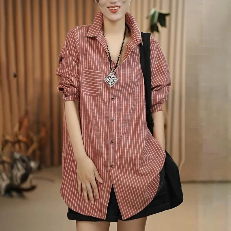 2025当季女士新款简约大气黑白条纹休闲时尚百搭条纹长袖衬衫上衣