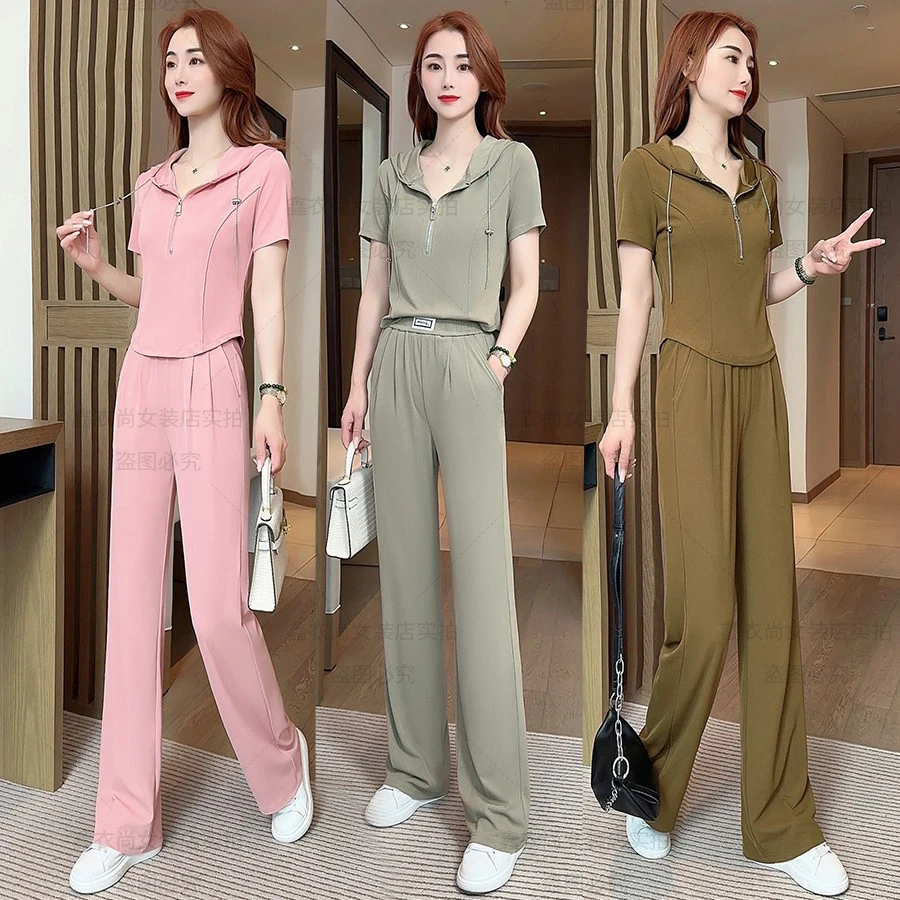 夏新款显瘦冰丝运动服套装休闲气质两件套洋气时髦减龄小个子短袖