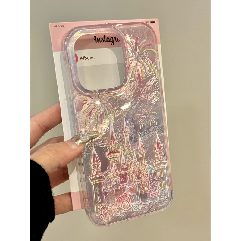 ins粉色梦幻烟花城堡适用苹果16/15promax手机壳iPhone12防摔