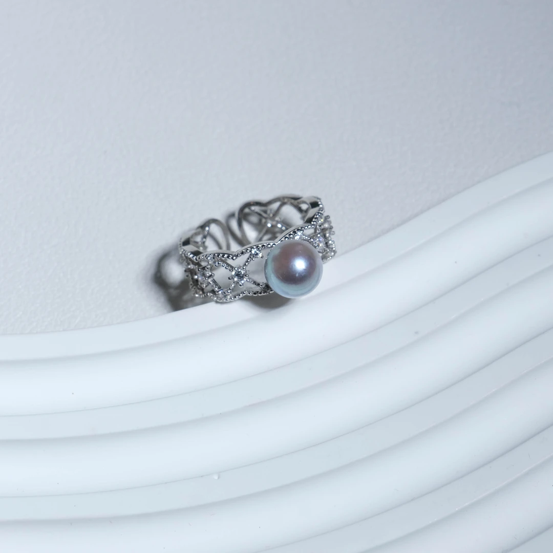 【鹿鹿】时尚设计款 海水真多麻蕾丝戒指 7-8mm S925银