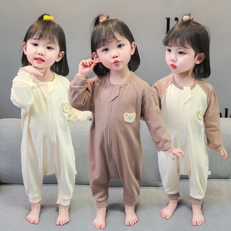 【现货】纯棉儿童睡衣春秋长袖婴儿宝宝连体睡袋分腿防踢小孩家居服