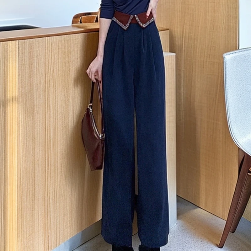 【皮皮专享】88335秋季新款百搭重工钻边直筒阔腿裤女