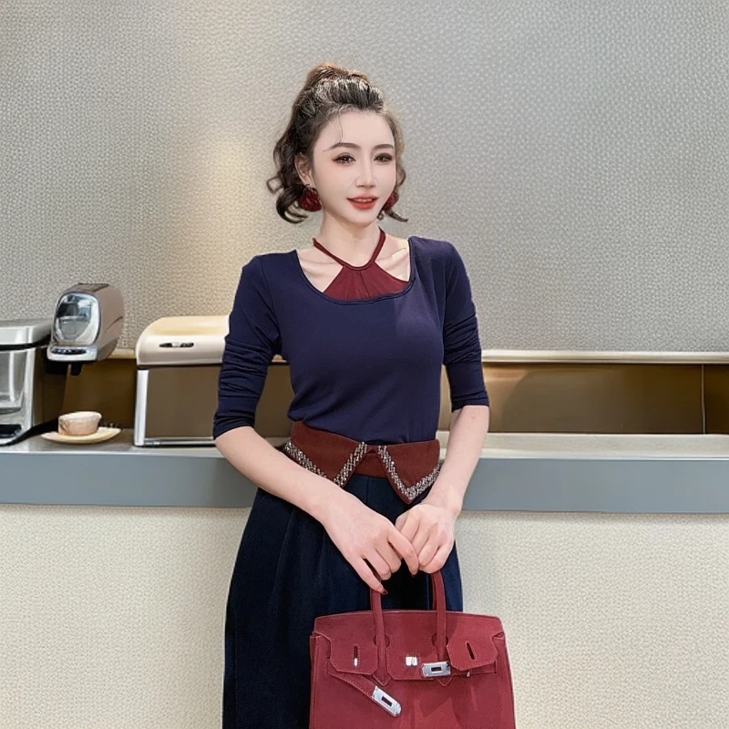 【美美专享】13338气质百搭修身镂空挂脖撞色T恤上衣女