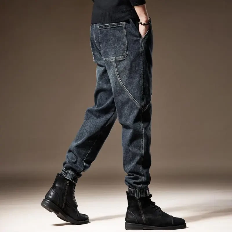 花花公子高端美式潮牌复古拼接牛仔裤男宽松哈伦休闲束脚长裤子