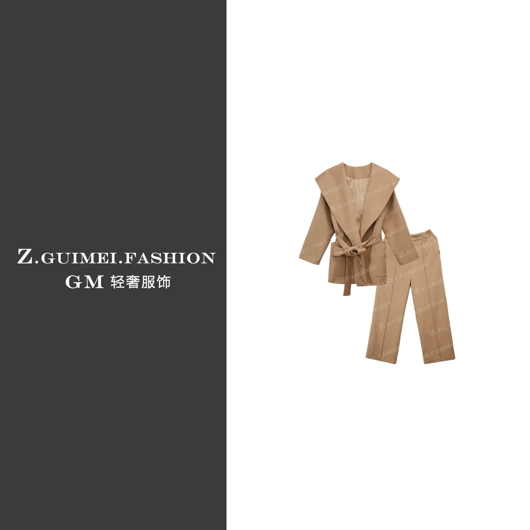 【肆姐高定】设计师款大翻领经典系带修身外套套装XY2134