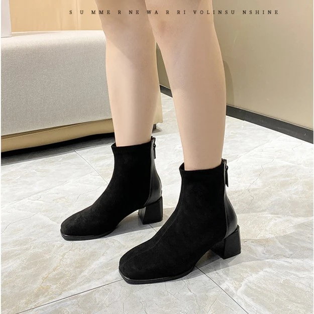 【断码现货】法式粗跟拼接马丁靴女靴子秋冬方头弹力瘦瘦小短靴大码