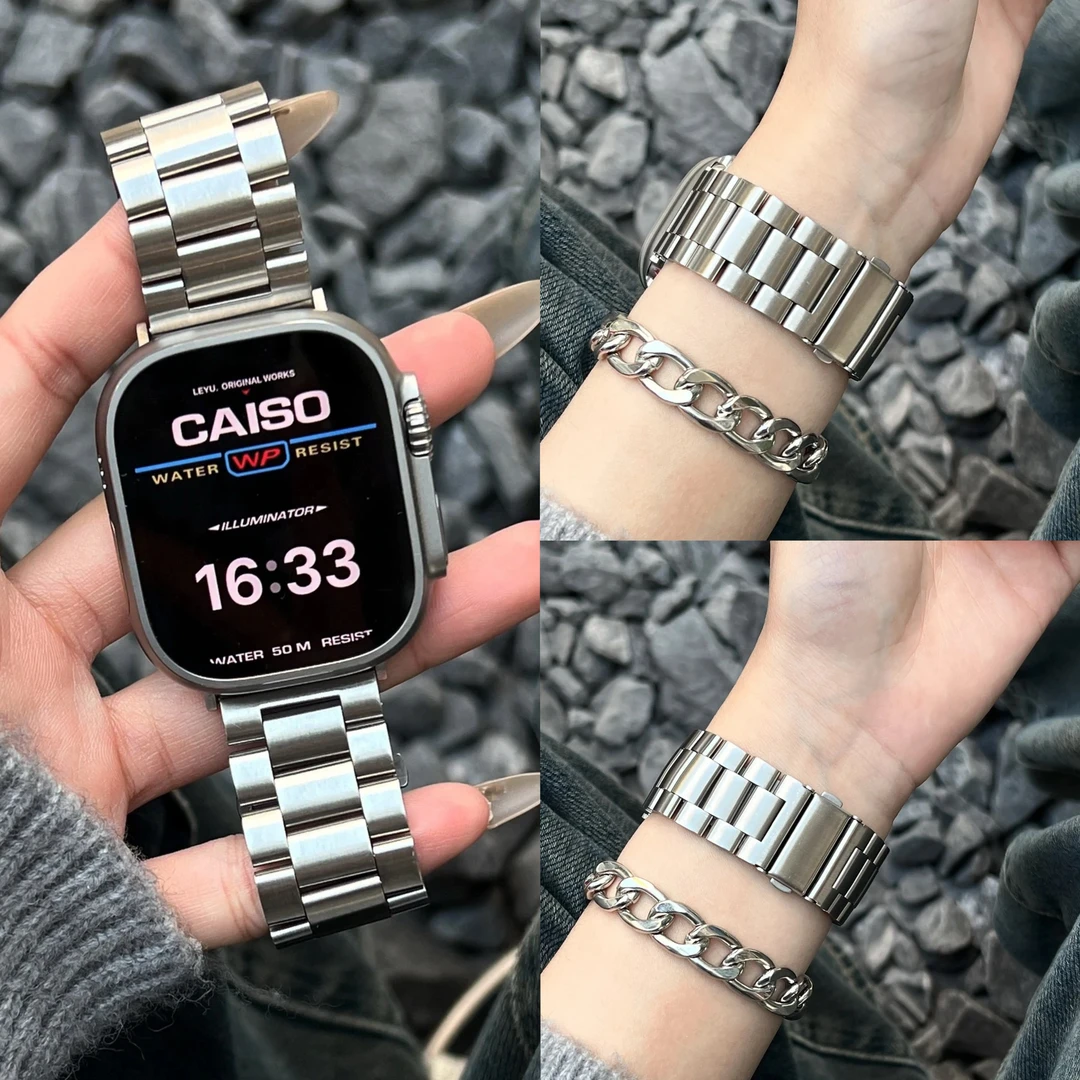 实心不锈钢适用苹果ApplewatchS10/9/8SEultra手表表带替换商务款