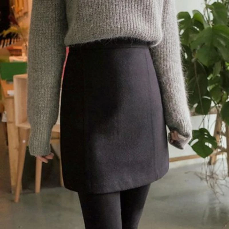 毛呢半身裙秋冬款过膝一步裙黑色加厚女高腰紧身包臀裙百搭短裙呢
