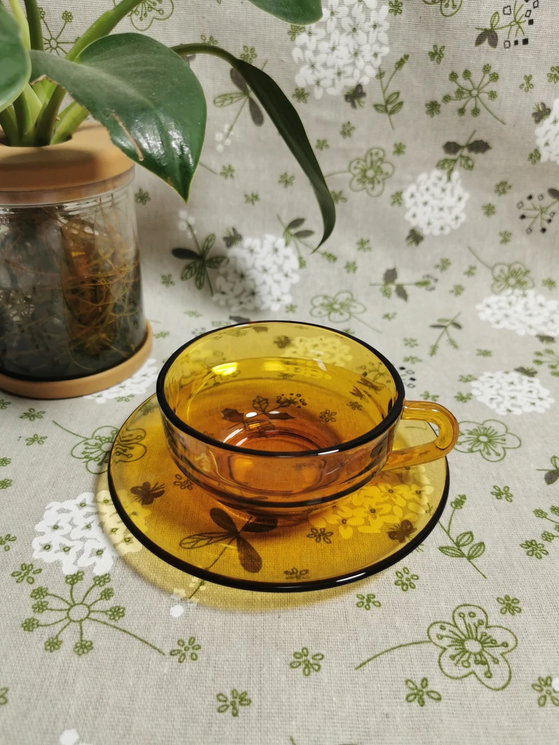 玻璃咖啡杯碟套装 石塚硝子茶杯茶碟 轻奢复古红茶杯 中古拿铁杯