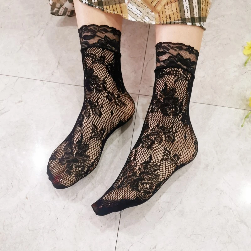 4双装渔网袜短袜黑色蕾丝花边小网眼薄款镂空丝袜子女士短款网袜
