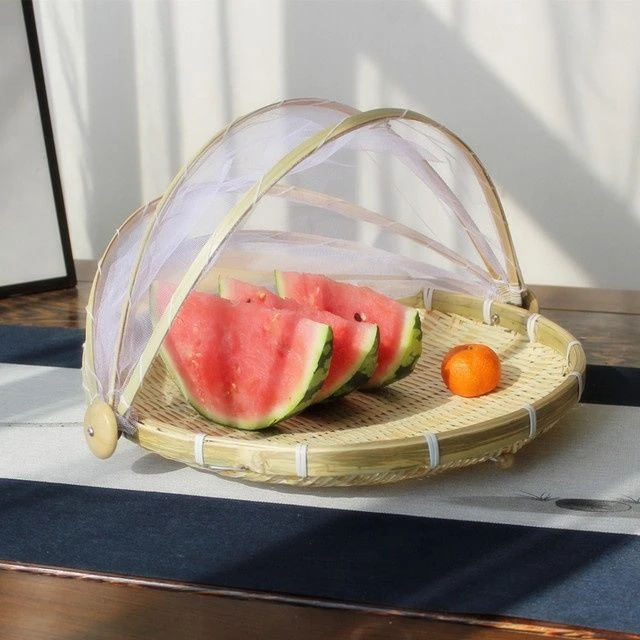 Z中号36厘米天然竹编防虫纱网筐 环保家用晾晒筐水果馒头筐