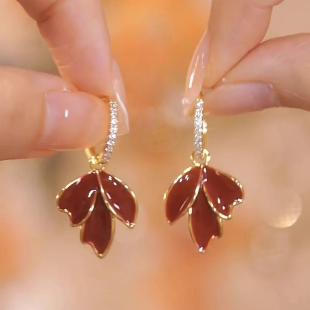 YOUER/柚耳 铁合金耳饰 复古滴釉红色枫叶子耳环质秋冬耳扣1974#